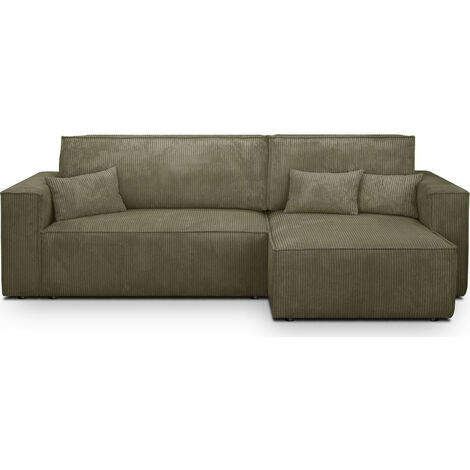 Homifab – Canapé d'angle convertible réversible 4 places en velours côtelé vert kaki – Coffre de rangement – Dimensions 240 x 95/145 x 82 cm (1/5)