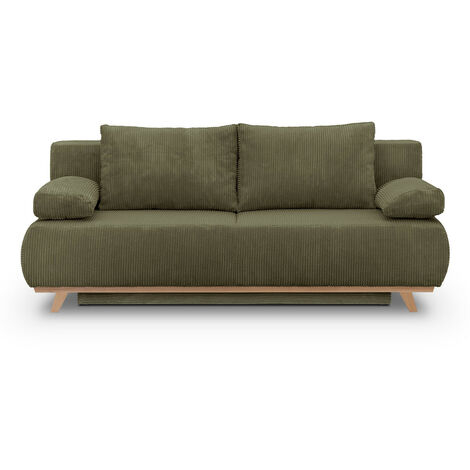 Homifab – Canapé convertible 3 places vert kaki avec coffre de rangement en velours côtelé – Dimensions couchage 138x186 cm – Assise en mousse 30 kg/m³