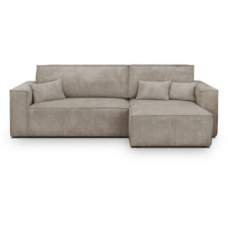 Homifab – Canapé d'angle convertible réversible 4 places – Coffre de rangement – Velours côtelé taupe – Couchage 137x196 cm (1/5)