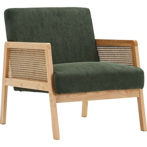 Homifab – Fauteuil en cannage et velours côtelé vert kaki – Structure en hêtre massif – Assise moelleuse 44 cm – Largeur 60,3 cm