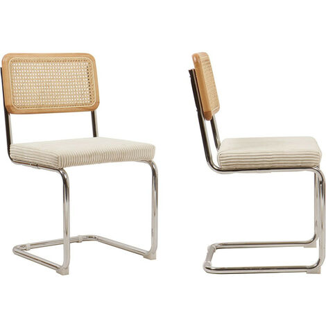 Homifab – Lot de 2 chaises en velours côtelé beige et cannage naturel – Piètement luge en métal chromé – Assise rembourrée confortable (1/5)