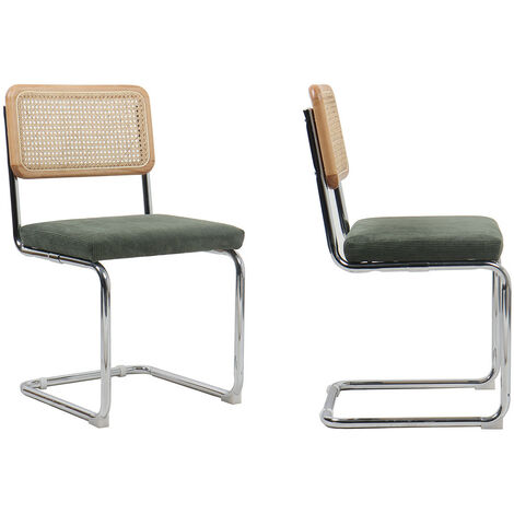 Homifab – Lot de 2 chaises en velours côtelé vert kaki et cannage naturel – Piètement métal chromé – Assise rembourrée 49 cm – Design contemporain (1/5)