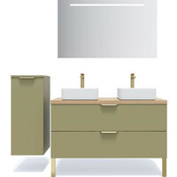Meuble de salle de bain suspendu 2 vasques à poser 120cm 2 tiroirs Vert olive + miroir + colonne ouverture gauche - Venice
