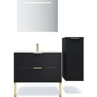 Meuble de salle de bain suspendu vasque intégrée 90cm 2 tiroirs Noir + miroir + colonne ouverture droite - Venice
