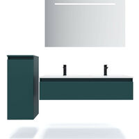 Meuble de salle de bain suspendu 2 vasques à poser 120cm 1 tiroir Bleu + miroir + colonne ouverture gauche - Hudson