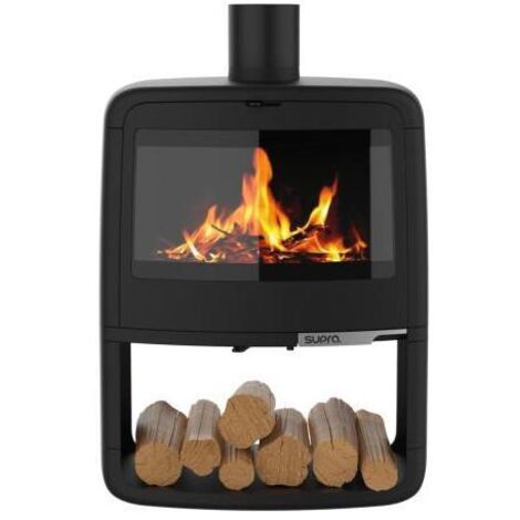 Supra – Poêle à bois 10 kW en fonte – Vision du feu 52,5 cm – Double combustion – Évacuation des fumées arrière – Rangement bûches