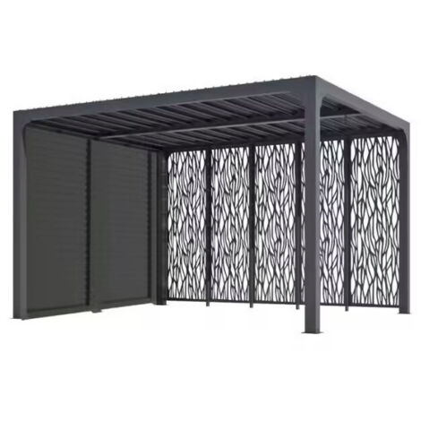 Foresta – Pergola bioclimatique aluminium gris anthracite – Panneaux moucharabieh et ventelles mobiles – Surface 10,80 m² – Lames orientables manuelles (1/5)