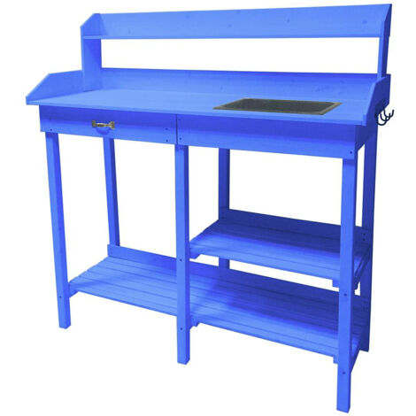 Table multiusages lasurée Habrita Foresta TAB 1105 couleur bleue utilisable en table rempotage ou table cuisine 117x45x121cm (1/5)