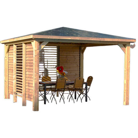 Habrita – Abri de piscine Blueterm en bois thermochauffé – Toit en panneaux ACP – 2 parois avec ventelles mobiles – Dimensions 3,79 x 3,79 m