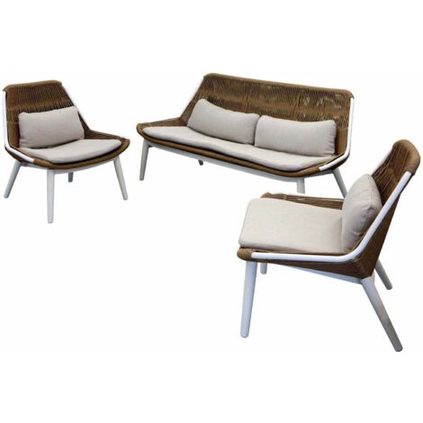 PROLOISIRS Set Como ensemble 3 pièces en aluminium/rope/wicker avec coussin - blanc/twist naturel (1/4)
