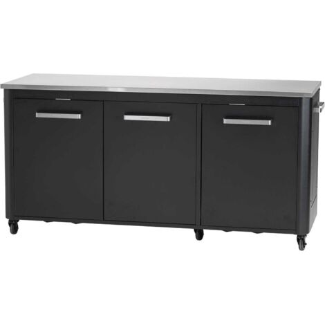 Cuisine extérieure triple avec 3 portes et poubelle intégrée – Acier laqué zingué – 6 roulettes 75 mm pour déplacement facile – Dimensions L2100 x P670 x H900 mm