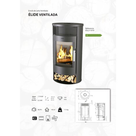EIDER BIOMASA Poêle à bois - modèle Elide Ventilée - 6,3 kW - jusqu'à 140 m³ - H.102 x l.56 x P.49 cm - Classe énergétique A