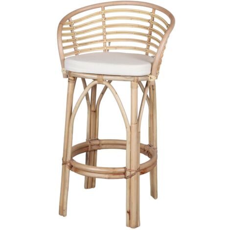 Tabouret de bar haut en bambou et rotin – Hauteur d'assise 75 cm – Style tropical – Coussin en tissu inclus – Dimensions 52 x 46 x 101 cm (1/5)
