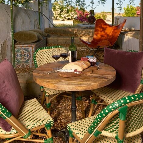 Table bistrot 120 cm en bois de manguier massif – Pied central en fer forgé – Style vintage et Art Déco – Non adapté à l'extérieur (1/3)