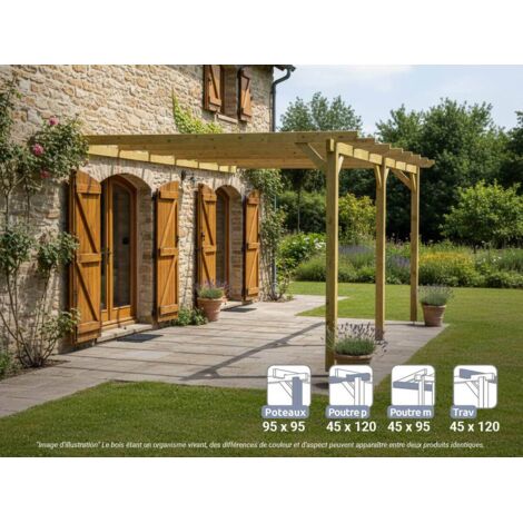 Pergola en bois adossée 510 x 300 cm – Traitement autoclave IV – Structure en pin massif – Montage facile en 60 minutes – Maderland (1/4)