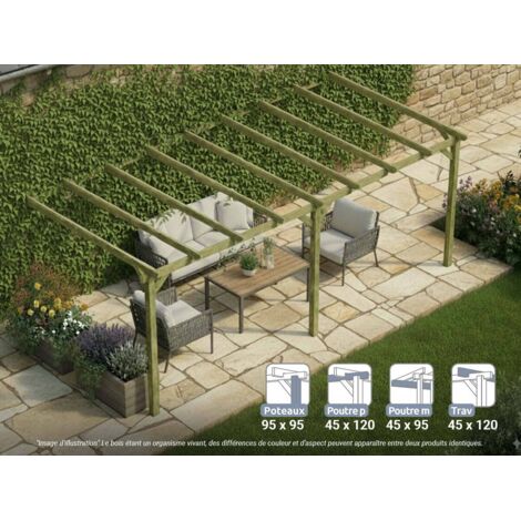 Pergola adossée en bois de pin massif 600 x 300 cm – Traitement autoclave IV – Structure stable et durable – Montage rapide en 60 min – Maderland (1/4)
