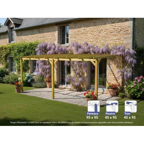 Pergola en bois adossée 600 x 300 cm – Traitement autoclave IV – Structure solide avec 3 poteaux et 4 poutres – Montage facile en 60 minutes – Maderland