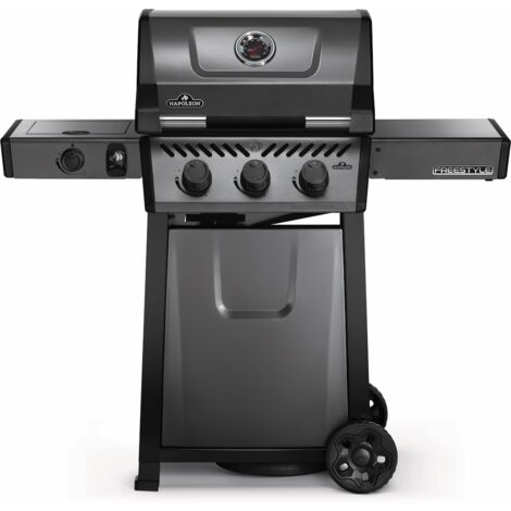Napoleon – Barbecue à gaz 3 brûleurs en acier inoxydable – Réchaud intégré – Thermomètre – Grilles en fonte émaillée Wave – Mobilité avec roues