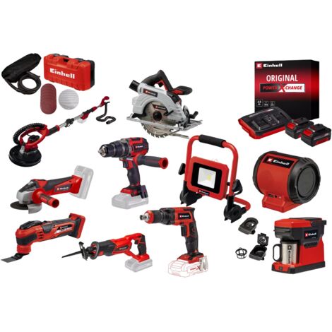 Einhell – Pack de 10 outils électroportatifs 18V – 2 batteries 4.0Ah + chargeur – Moteur Brushless – Pour travaux de construction et rénovation