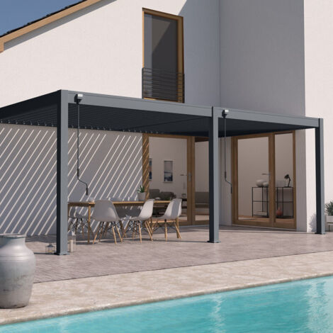 Ombrea – Pergola bioclimatique 3x6M adossée – Aluminium anthracite – Lames orientables jusqu'à 135° – Résistance vent 100 km/h