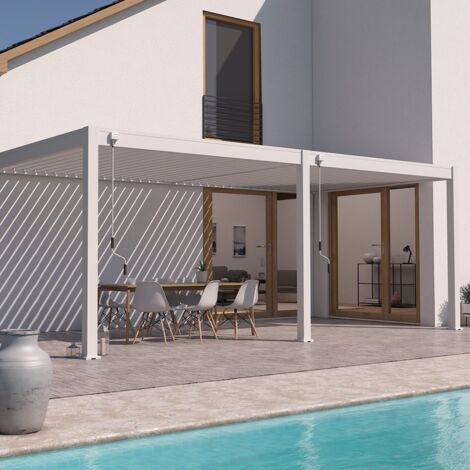 M&S – Pergola bioclimatique 3x6M adossée V2 – Aluminium beige sable – Lames orientables jusqu'à 135° – Surface 18 m² (1/5)
