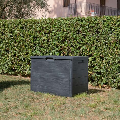 Coffre de jardin 160L en résine recyclée effet bois – Dimensions 77,5 x 44,5 x 52,7 cm – Couleur anthracite – Fermeture avec cadenas – Toomax
