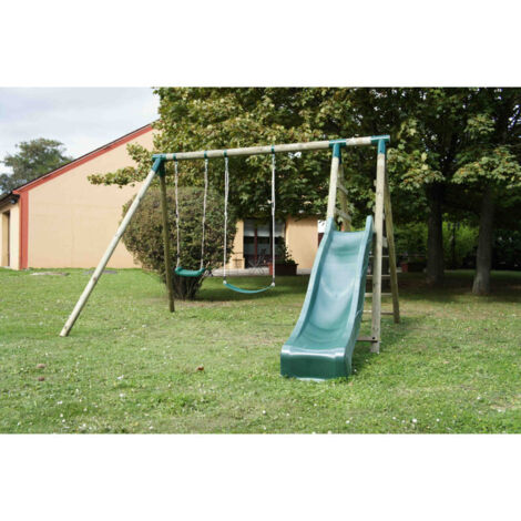 CHALET & JARDIN Portique bois avec balançoire, vis-à-vis et toboggan - COMANCHE - 330 x 260 x 230 cm (1/5)