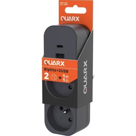 QUARX MULTIPRISE MURALE BIPLITE 2 PRISES 2P+T 16A ANTHRACITE AVEC PRISE USB A ET C - 7242 (1/5)