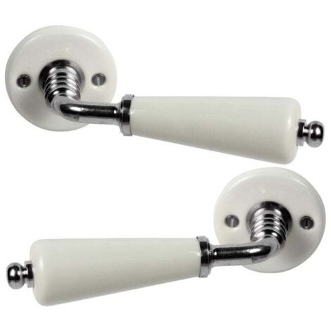 Poignée de porte d'entrée en porcelaine de Limoges nickelé mat – Entraxe 7mm – Longueur 110mm – Rosace diamètre 5cm – Merigous