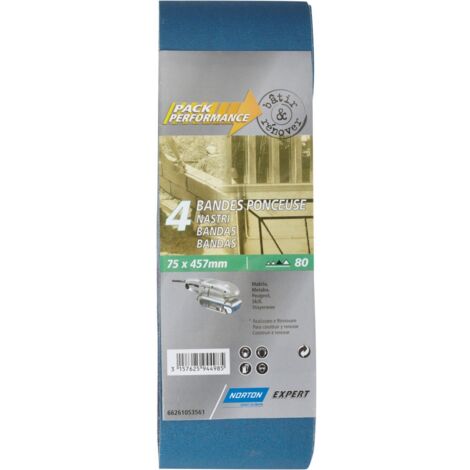 Lot de 2 bandes abrasives, NORTON, 75 x 457 mm, grains 80 Lot de 2 bandes abrasives, NORTON, 75 x 457 mm, grains 80