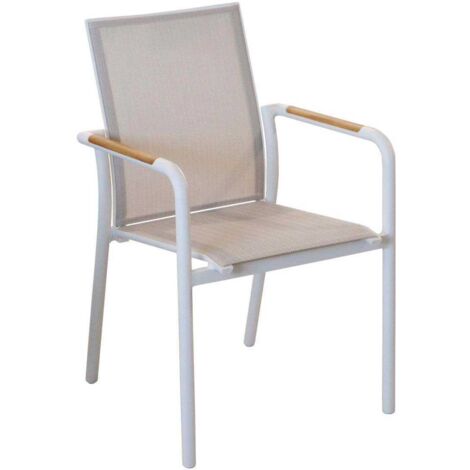 PROLOISIRS Fauteuil repas empilable - AROHA - Blanc chevron - Aluminium époxy - Accoudoirs teck FSC (1/3)