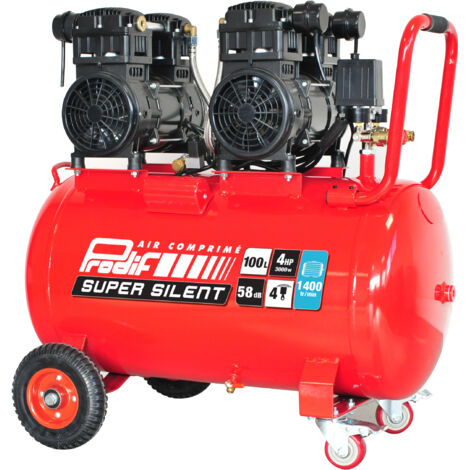 Prodif – Compresseur silencieux 100L 4CV 8 bar 1400 tr/min – Débit 493 L/min – Pour clouer, agrafer, peindre – Niveau sonore 58 dB