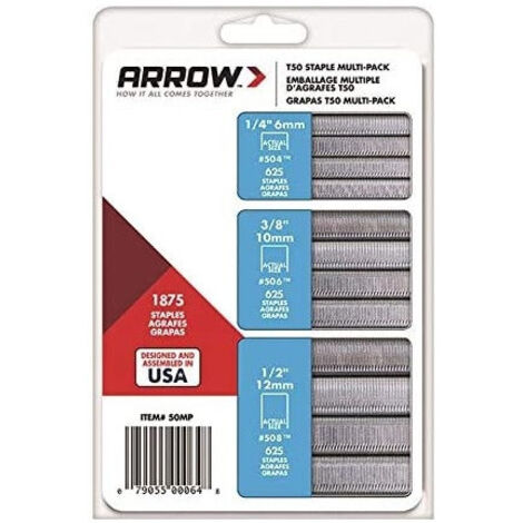 Arrow – Agrafes t50 blister de 1875 agrafes – Longueur 6/10/12 mm – Acier galvanisé pour bois dur – Pointes divergentes pour résistance (1/3)