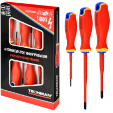 TECHMAN Jeu de 6 tournevis vde 1000v Plats 2,5x75 / 4x100 / 5,5x100 / Pz0x60 / Pz1x80 / Pz2x100 (1/3)