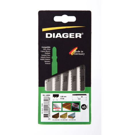 DIAGER Lames de scie sauteuse hcs pour lamines et stratifies L008W5 5 lames 117 / 91 mm 13 tpi (2,0 mm) 'T' Coupe nette en haut (1/7)
