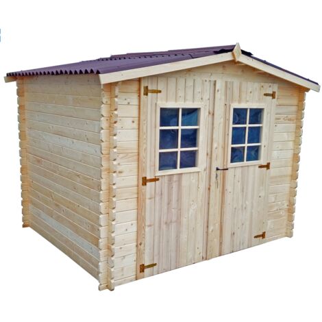 Habrita – Abri de jardin en épicéa massif 28 mm – Toit en plaques ondulées bitumées rouges – Dimensions 2,75 x 2,24 m – Porte double avec lucarne (1/5)