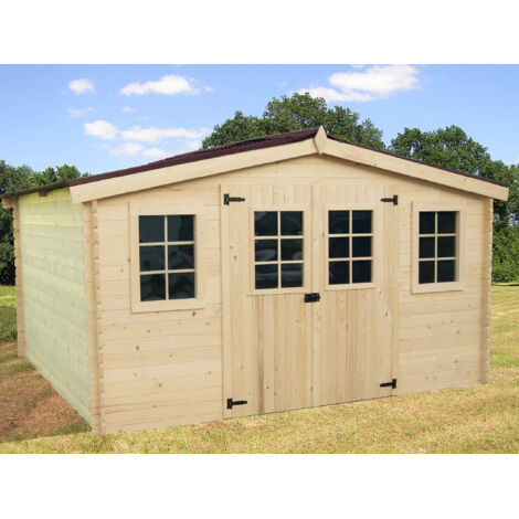 Habrita – Abri de jardin en épicéa massif 28 mm – Double pente 16,81 m² – Toit en plaques ondulées bitumées – Porte double avec lucarne
