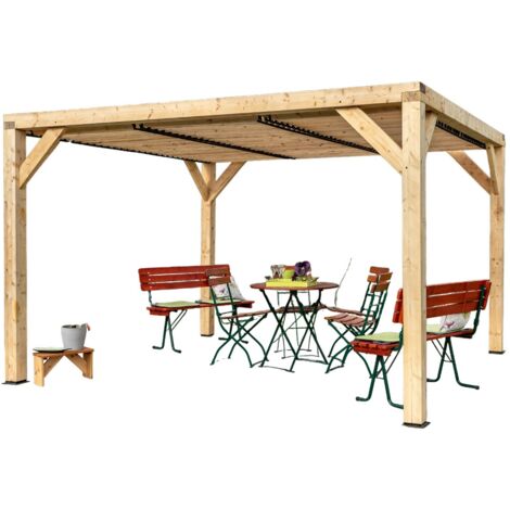 Habrita – Pergola Veneto 3,40 x 3,12 m – Sapin du Nord contrecollé certifié PEFC – Ventelles mobiles pour ajustement d'ombre – Hauteur 2,17 m