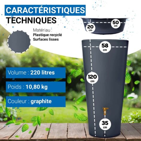 GRAF Réservoir Vaso 2en1 220L Graphite avec robinet PE imitation laiton et Collecteur Filtrant Eco Gris.