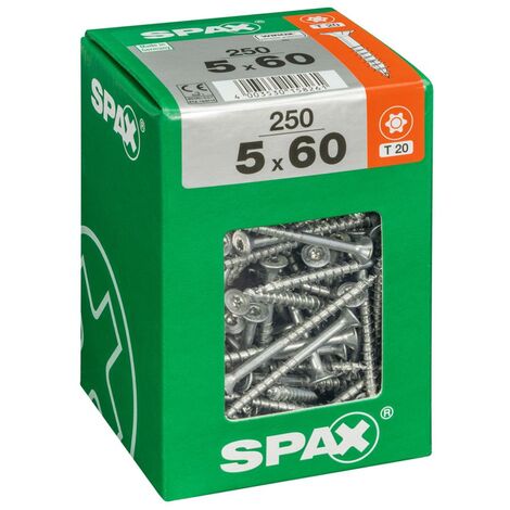 Spax – Vis acier tête fraisée 5 x 60 mm – Lot de 250 unités – Filetage partiel – Embout Torx T20 – Pour murs en ossature bois