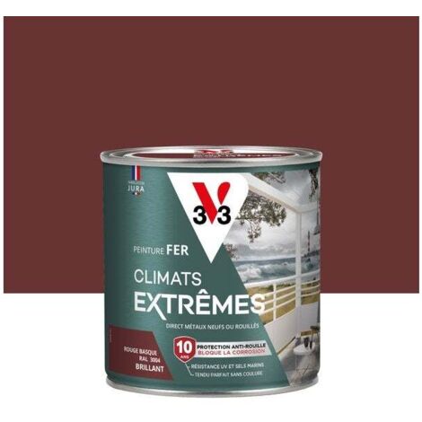 V33 – Peinture fer Climats Extrêmes RAL 3004 rouge basque brillant 0,5L – Résistance aux conditions climatiques extrêmes – Application directe sur rouille