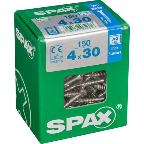 Spax Vis acier inoxydable, 4 x 30 mm, 150 unités, Filetage partiel, Tête fraisée, T-STAR plus T20, 4CUT, Acier inoxydable inoxydable A2 - 4197000400307
