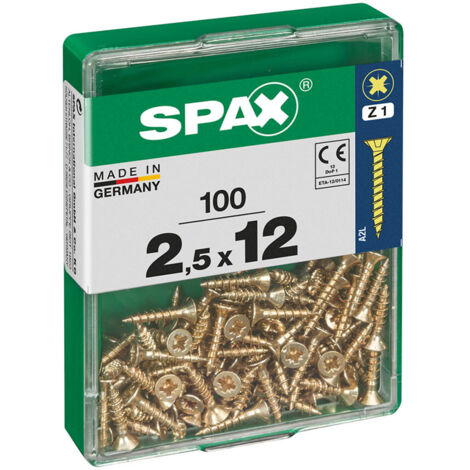 Spax – Boîte de 100 vis à bois tête plate Yellox 2,5x12mm – Filetage complet – Pointe S pour démarrage facile – Empreinte Z1 (1/10)