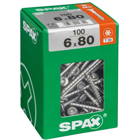 Spax – Vis à bois 6 x 80 mm – Lot de 100 unités – Tête fraisée T-STAR plus T30 – Filetage partiel – Acier – 1010600806