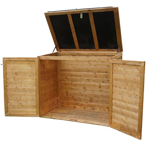 Chalet & Jardin – Coffre de jardin 1350L en pin traité autoclave – Dimensions ext. 150x98x130cm – Toit étanche en polypropylène – Ouverture par vérins à gaz