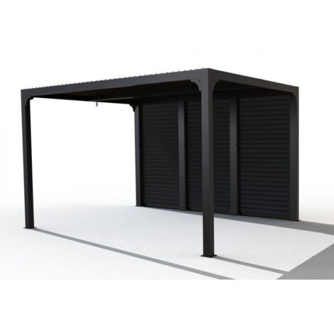 Habrita – Pergola bioclimatique aluminium gris anthracite – Ventelles latérales imitation bois – Surface 10,80 m² – Lames orientables manuelles – Dimensions L 360 x L 300 x H 231 cm (1/5)
