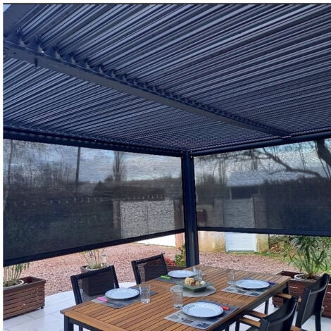 HABRITA Pergola Bioclimatique Aluminium Gris Anthracite avec Rideau Latéral Manuel – 10,80 m² – Lames Orientables Manuelles