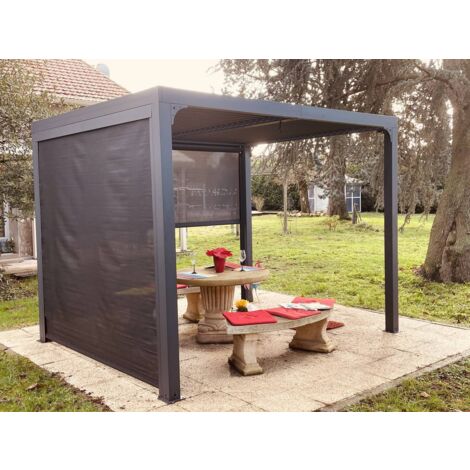 Habrita – Pergola bioclimatique aluminium 240x300 cm – Ventelles latérales mobiles imitation bois – Toit avec lames orientables – Surface 7,2 m²