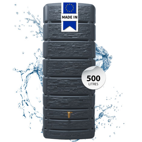 Graf – Réservoir mural récupérateur d'eau de pluie 500L – Polyéthylène gris graphite – Dimensions H.184 x l.75 x P.51 cm – Couvercle et robinet imitation laiton - 4rain