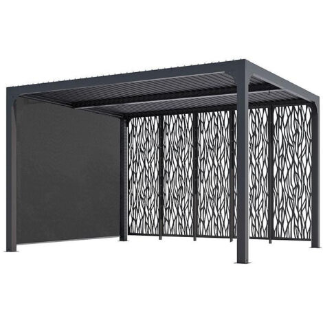 Habrita – Pergola bioclimatique 10,80m² aluminium gris anthracite – Ventelles orientables jusqu'à 90° – Rideau ajustable – PER36M30RBI
